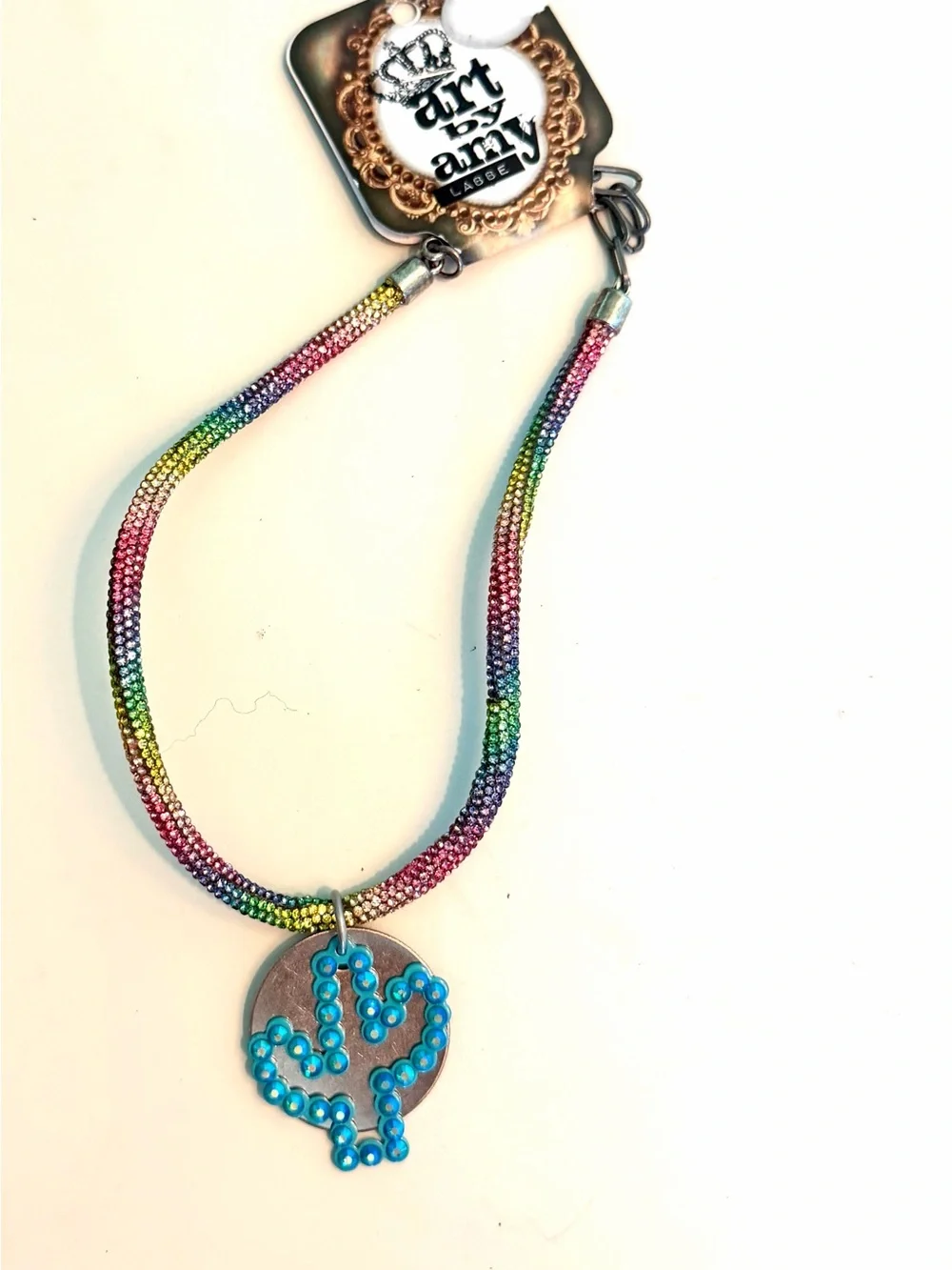 Art by Amy Rainbow Beaded Necklace with Turquoise Cactus Pendant